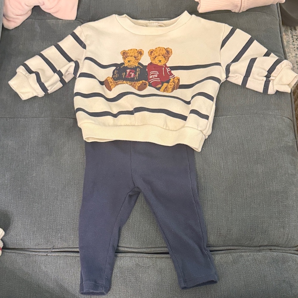Striped Sweater with Bear Design and Navy Pants